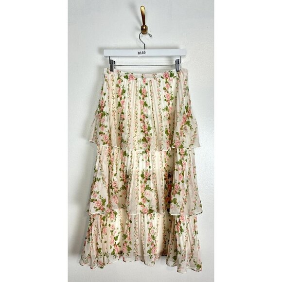 RACHEL PARCELL Pleated Tiered Chiffon Maxi Skirt in Ivory Size Medium - Picture 6 of 6